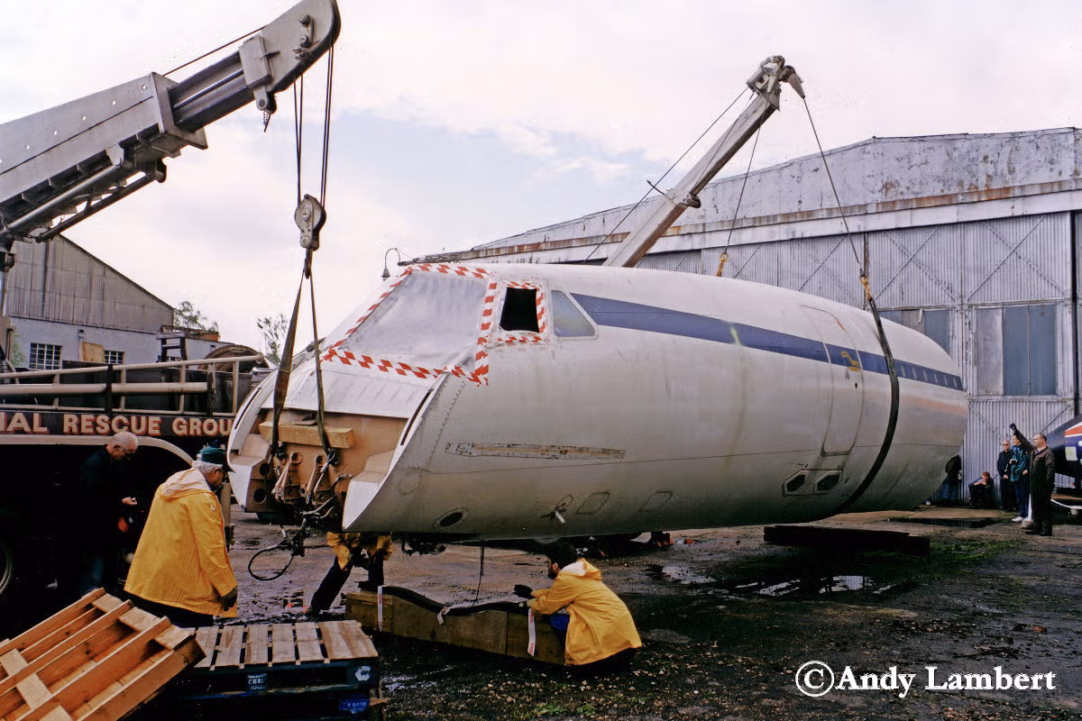 Andy Lambert lifting Concorde's front section of Cockpit at Brooklands